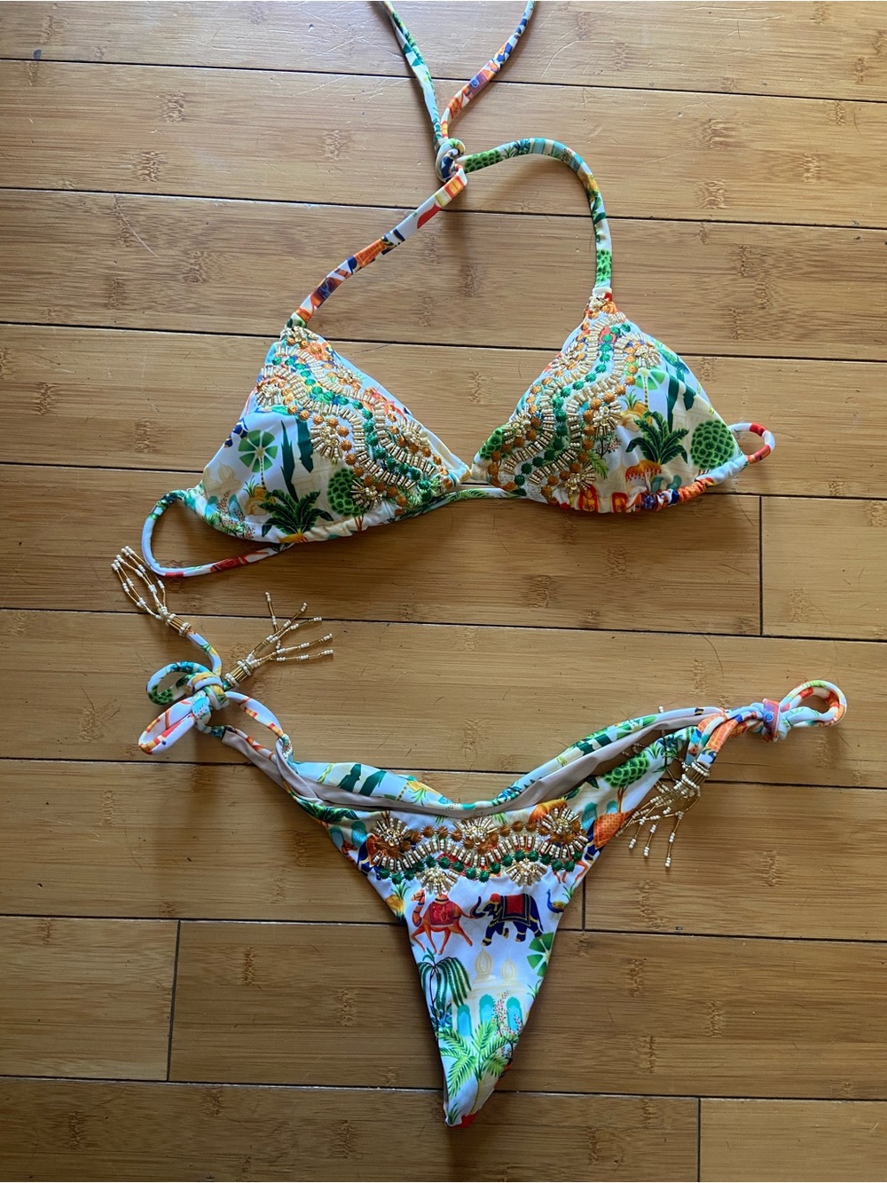 Colombian Beaded Swim Tropical Embellished Triangle Bikini Set - Green, Orange,